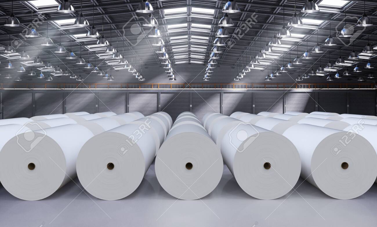 3d rendering white large paper rolls in factory